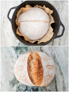 two pictures of bread in a black pan