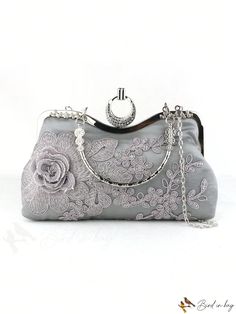 BirdinBag - Floral Embroidered Medium Evening Bag with Rhinestone Detail and Chain Strap Elegant Silver Embroidered Bags, Silver Embroidered Clutch Bag, Party Embroidered Silver Bag, Embroidered Silver Party Bag, Embroidered Silver Party Bags, Silver Embroidered Party Bags, Grey Bag, Novelty Bags, Chain Strap