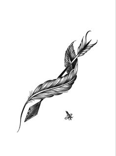 a black and white drawing of a feather with an airplane in the sky behind it