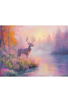 a painting of a deer standing in front of a body of water with trees and flowers around it