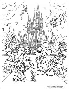 mickey mouse and friends in front of the castle at disney world coloring pages for kids