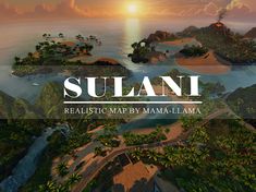 an island with the words sulani on it in front of some water and palm trees