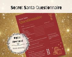 the secret santa questionnaire is on display in front of a gold background with snowflakes