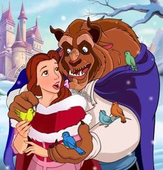 the beauty and the beast characters are hugging each other in front of a snowy castle