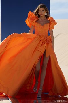 Sherri Hill 56743 Fall 2024 evening collection dress. Bright Orange Dress, Colorful Gown, Basque Waist, Mnm Couture, Sherri Hill Prom, Taffeta Skirt, Champagne Dress, Sherri Hill Prom Dresses, Sleeve Gown