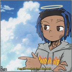 an anime character with blue hair pointing to the sky and holding his finger up in front of him