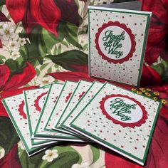 8 - Christmas Cards       Holiday Dotted Pattern Paper with Green Glitter Cardstock Border       Matte Red and Glitter White Wreath,  Greeting Reads: Jingle All the Way in Green Glitter Cardstock White A2 Card Base (5 1/2 X 4 1/2) White Self Stick Envelopes Blank Inside To Customize for Your Special Greeting Assembled Using Manually Cut Pieces and/or Die Cuts Produced Using A Manual Die Cut Machine Due to the Handmade Process There May Be Slight Variations in Like Items Small Stamp on Back With Shop Information Free Shipping Handmade Christmas Cards, Simple Christmas Cards, White Wreath, Card Crafts, Matte Red, Christmas Tags, Glitter Cardstock