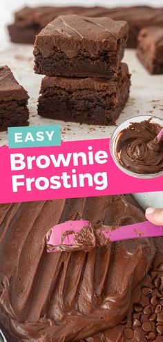 chocolate brownie frosting being spread on top of each other with a pink spoon