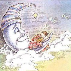 an illustration of a man on the moon with a child in his lap, and clouds around him