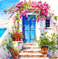 a painting of flowers and potted plants on steps leading to a blue door with white walls