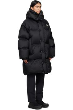 Moncler: Black Verone Long Down Jacket | SSENSE Luxury Duck Down Outerwear With Padded Collar, Designer Quilted Nylon Puffer Jacket, Designer Quilted Down Puffer Jacket, Luxury Duck Down Puffer Outerwear, Designer Nylon Puffer Jacket With Padded Collar, Vest Styling, Long Down Jacket, Long Puffer Jacket, Long Puffer