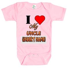 Rapunzie's customizable "I Love My Uncle" Baby Onesie, the perfect way to express your little one's affection for their special uncle! Crafted with love and care, this onesie is made from 100% cotton, ensuring optimal comfort and breathability for your baby's delicate skin. This onesie features the heartfelt caption, "I Love My Uncle," with the option for you to customize it with the name of your beloved uncle. It adds a personal touch, creating a unique and meaningful connection between your ba Personalized Pink Onesie For Birthday, Personalized Pink Onesie For First Birthday, Playful Pink Onesie As A Gift, Playful Pink Onesie As Gift, Customizable Pink Onesie For Gift, Pink Onesie With Letter Print As A Gift, Pink Onesie With Letter Print As Gift, My Uncle, Brother In Law