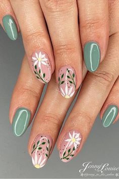 Embrace Spring's Blooming Beauty with Serene Sage Green and Pastel Pink Oval Nails. Click here to explore the delicate floral art adorning these fresh and feminine almond-shaped nails, complete with dainty white daisies and subtle green foliage. 🌸🍃 // Photo Credit: Instagram @pinkysnailsandbeauty Nail Design Gold, Sage Green Nails, Summery Nails, Purple Nail, Pink Nail, Dipped Nails