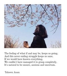 a woman standing under a tree with a cup in her hand and a quote from the author