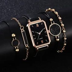 Round Pointer Quartz Watch & 4pcs Bracelet Black Watches Women, Watches Women Black, Dior Watch, Burberry Watch, Silver Watches Women, Watch Set, Brown Leather Watch, Set Bracelet, Sterling Silver Charm Bracelet