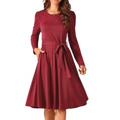 Seta T women's puff long sleeve crewneck knee length tie waist casual dress with pockets. Fashion style includes puff long sleeve, round neck, high waist, knee length, two pockets, and belted elegant dress. This dress will flatter any body shape, making it a timeless addition to any wardrobe. Suit for various occasions such as important events, parties, weddings, birthdays, cocktails, shopping, dating, weekend gatherings, beach outings, holidays, or any casual or special occasions. The chic and Linen Slip Dress, Pockets Fashion, T Dress, Ballet Dress, Womens Knit Dresses, Puff Long Sleeves, Denim Shirt Dress, Casual Spring, Knitting Women