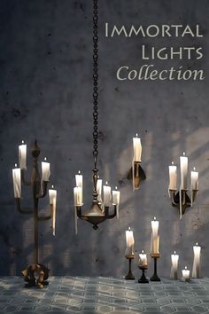 a bunch of candles that are sitting on a table in front of a wall with the words, memorial lights collection