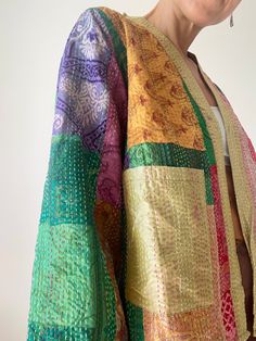 Long Sleeve Patchwork Kimono For Festivals, Festive Kimono With Patchwork For Festival, Festive Multicolor Long Sleeve Kimono, Traditional Multicolor Summer Outerwear, Festive Multicolor Patchwork Kimono, Long Multicolor Outerwear For Festivals, Multicolor Long Sleeve Outerwear For Festivals, Multicolor Long Sleeve Festival Outerwear, Festival Long Sleeve Multicolor Outerwear