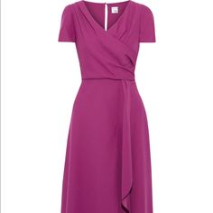 Magenta Crepe, Wrap-Effect, Gathered Dress Concealed Zip Fastening Along Side Button Fastening Keyhole At Back Partially Lined Non-Stretchy, Mid-Weight Fabric 100% Polyester Elegant Purple A-line Midi Dress, Pink Knee-length Semi-formal Dress, Feminine Semi-formal Short Sleeve Dress, Feminine Pink Semi-formal Dress, Purple V-neck Midi Dress For Work, Elegant Pink Maxi Dress For Work, Pink Semi-formal Midi Dress, Purple A-line Dress For Workwear, Feminine Knee-length Purple Dress