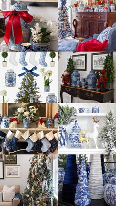 blue and white christmas decor with red bows