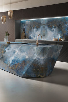 a kitchen with an unusual sink and counter top that looks like it has clouds in the sky