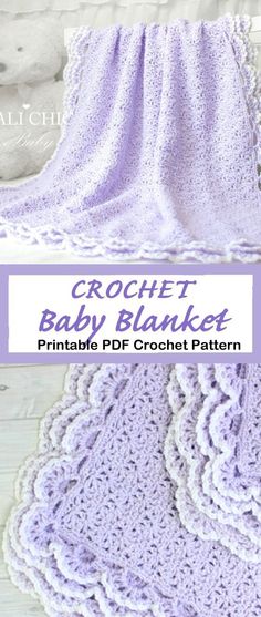 the crochet baby blanket pattern is shown in purple and white, with text overlay