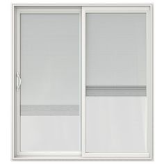 an open sliding glass door with blinds on the outside and side panels that are closed