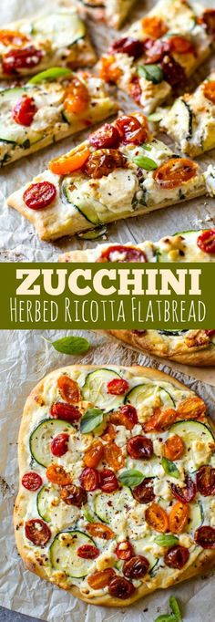 zucchini herb ricotta flatbread pizza with tomatoes and zucchini on top