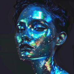 a woman's face is covered in blue and green light, with stars all over it