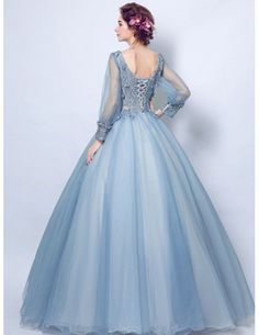 Dusty Blue Ball-gown V-neck Floor-length Tulle Wedding Dress With Long Sleeves Elegant Long Sleeve Ball Gown For Quinceanera, Long Sleeve Tulle Ball Gown For Prom, Elegant Light Blue Tulle Ball Gown, Long Sleeve Tulle Ball Gown For Wedding, Light Blue Tulle Ball Gown For Debutante Ball, Blue Long Sleeve Ball Gown For Prom, Long Sleeve Blue Ball Gown For Prom, Elegant Quinceanera Dress With Tulle Skirt For Wedding, Blue Long Sleeve Wedding Ball Gown