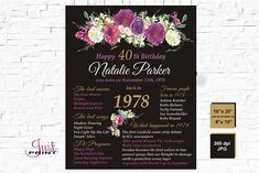 a black and purple floral birthday party poster with the number fortyth birthday on it