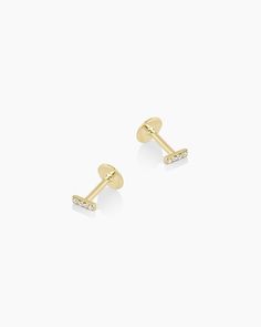 This pair of diamond flatback earrings is crafted from solid gold, making them a timeless and luxurious addition to any jewelry collection. Perfect for stacking or to wear alone, these diamond earrings provide long-lasting shine. The comfortable, flat back allows for 24/7 wear. Wear yours stacked with other diamond huggie hoop earrings and studs. Diamond Pavé Bar Flat Back Studs Earring in 14k Solid Gold, Women's by gorjana Flatback Earrings, Studs Diamond, Earrings Stacking, Diamond Bar, 14k Gold Necklace, Mix Style, Gold Necklaces, Huggie Hoop Earrings, Ring Size Guide