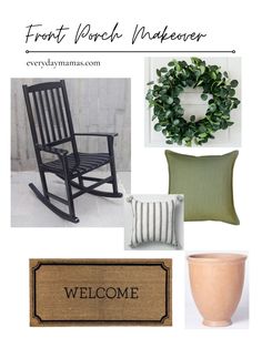 the front porch makeover is featured with green and white accessories, pillows, and a wreath