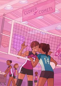 two female volleyball players are kissing in front of the net