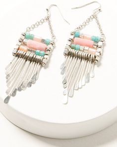 French hook backing Silver-toned metal fringe accents Turquoise Beaded Fringe Drop Earrings, Bohemian Metal Tassel Earrings With Fringe, Artisan Turquoise Beaded Fringe Earrings, Bohemian Turquoise Beaded Fringe Earrings, Turquoise Fringe Tassel Drop Earrings, Dress Store, Wood Bridge, Boot Shop, Boots For Sale