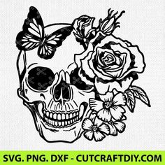 a skull with roses and butterflies on it's head is shown in the shape of a