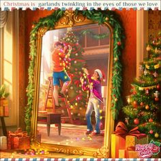 a painting of two people standing in front of a christmas tree