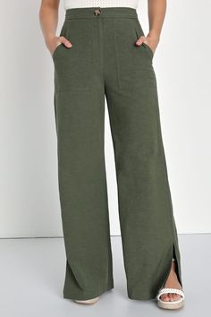 Olive Green Pants - High Waisted Pants - Wide Leg Woven Pants - Lulus Lulu Pants, Jet Stream, Casual Linen Pants, High Waisted Wide Leg Pants, Olive Green Pants, Trousers For Women, Lulu Fashion, Pork Chop, Green Pants