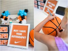 a basketball themed birthday party with orange and black decorations, blue balloons, and an autograph sign