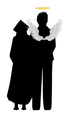 two people standing next to each other with wings on their shoulders and an angel above them