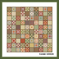 a cross stitch pattern with different colors and patterns on the front, in a green frame