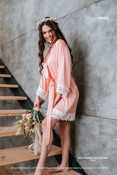 Peach LOTUS Lux Silk Robe with Wide Floral Macrame Lace Trim, New'19 Collection, Bridal Lace Robe, Bridal Robe, lace trimmed robe by StylishBrideAccs on Etsy Floral Macrame, Bridal Robe Lace, Peach Bridesmaid, Peach Palette, Macrame Lace, Peach Lace, Bridal Robe, Perfect Bride, African Fashion Ankara