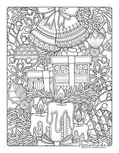 an adult coloring page with candles and presents on the table, surrounded by christmas decorations