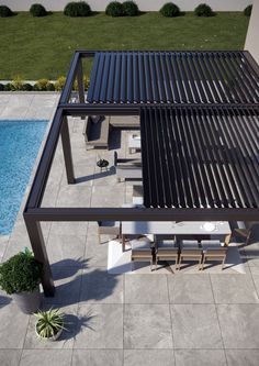 an overhead view of a patio and swimming pool