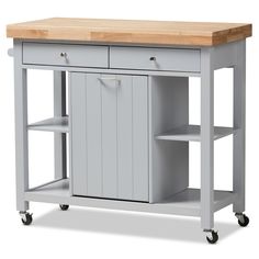 a kitchen island with butcher block top on casteors and wheels is shown in front of a white background