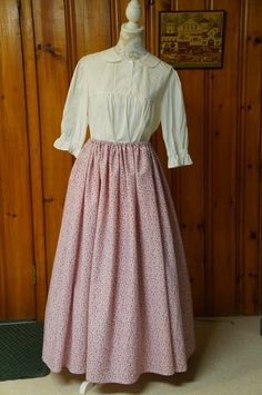 Comfort Drawstring Skirt | Custom FLARED Style | Pink Prints and Solids | Civil War/Colonial/Victori Colonial Fashion, Drawing Outfits, Pioneer Trek, History Bounding, Fashion Evolution, Vintage Girls Clothes, Pink Prints, Prairie Chic, Modest Skirt