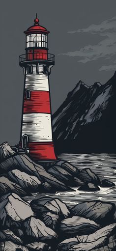 a red and white lighthouse sitting on top of a rocky shore