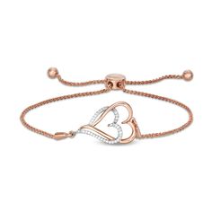 With double the love, this diamond heart bolo bracelet suits your romantic style. Created in sterling silver with 14K rose gold plate, this look features entwined sideways heart-shaped outlines - one polished, the other lined with sparkling diamonds. Captivating with 1/10 ct. t.w. of diamonds and a bright polished shine, this wheat chain bracelet adjusts up to 9.5 inches in length and secures with a bolo clasp and ball ends. Heart-shaped Rose Gold Diamond Bracelet For Anniversary, Rose Gold Heart-shaped Diamond Bracelet For Anniversary, Rose Gold Heart-shaped Diamond Bracelet, Valentine's Day Rose Gold Diamond Bracelet, Adjustable Diamond Heart Bracelet For Valentine's Day, Rose Gold Double Heart Jewelry With Adjustable Chain, Elegant Rose Gold Heart Bracelet With Adjustable Chain, Valentine's Day Adjustable Diamond Heart Bracelet, Valentine's Day Diamond Bracelet With Accents