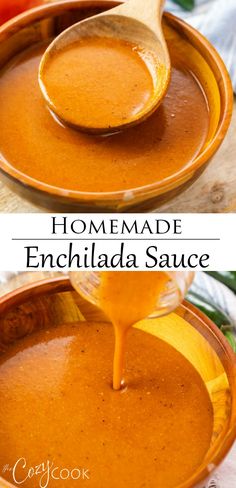 homemade enchilada sauce is being poured into a bowl