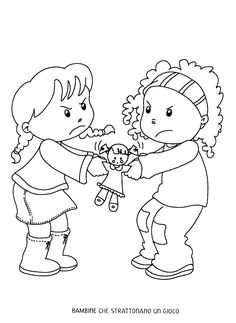 two children playing with a teddy bear in black and white coloring book page for kids